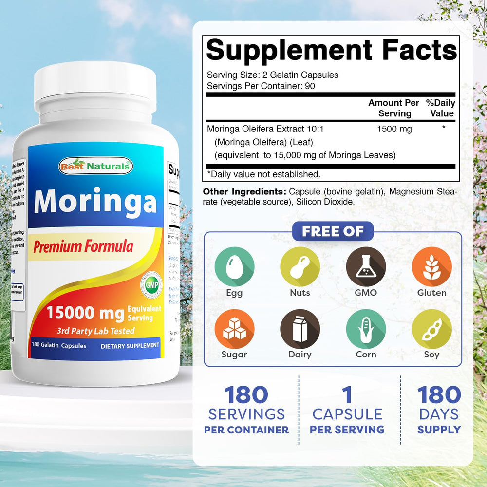 Best Naturals Moringa Extract capsules closeup showing convenient capsule form