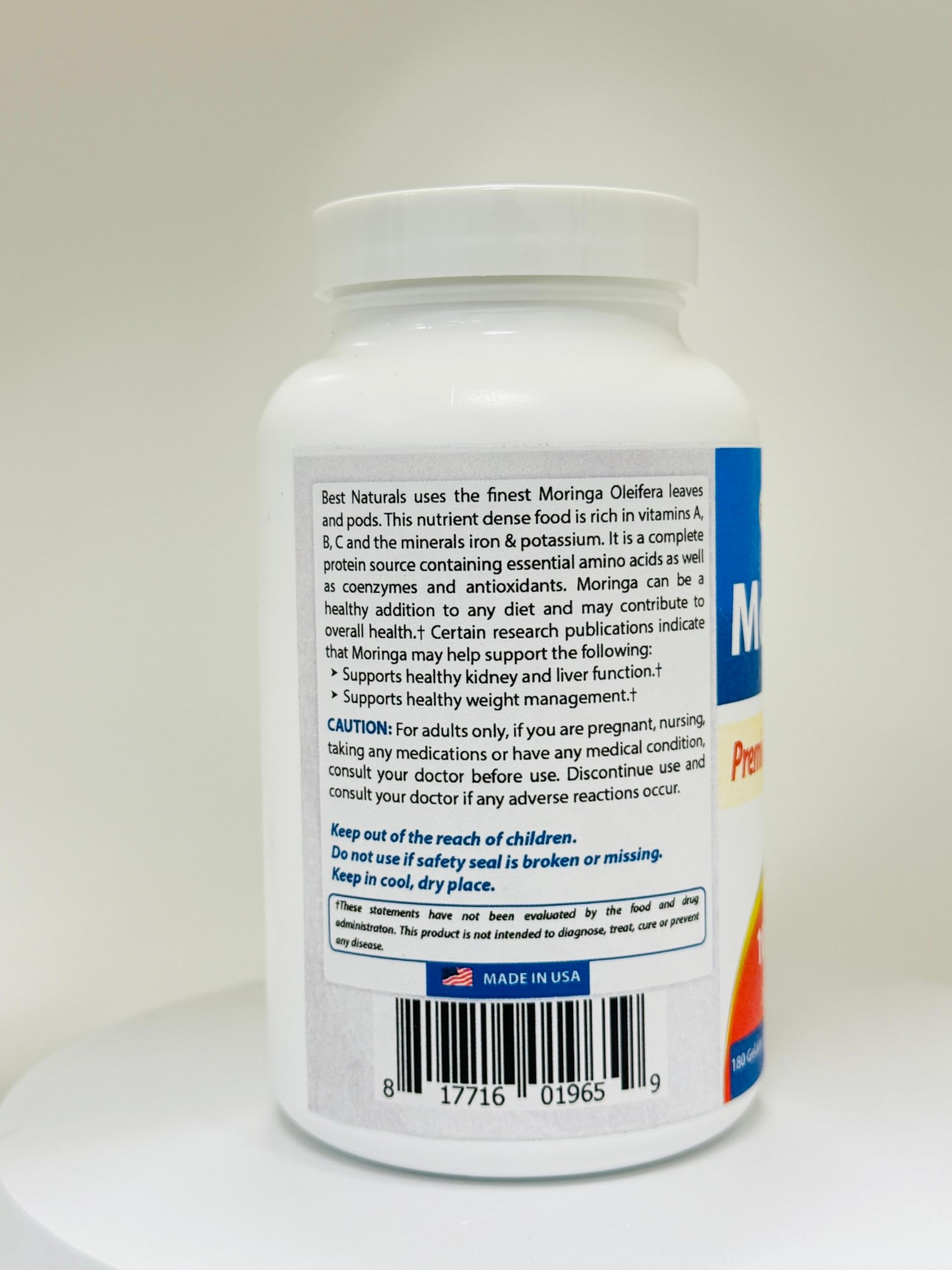 Best Naturals Moringa Extract dietary supplement closeup conveying purity