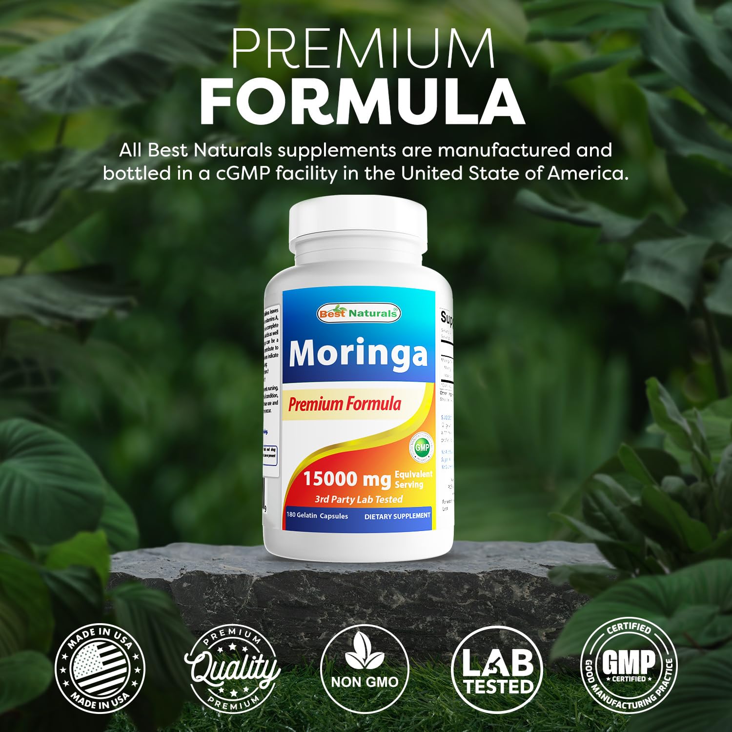Best Naturals Moringa Extract ingredients shot emphasizing non-GMO and gluten-free features