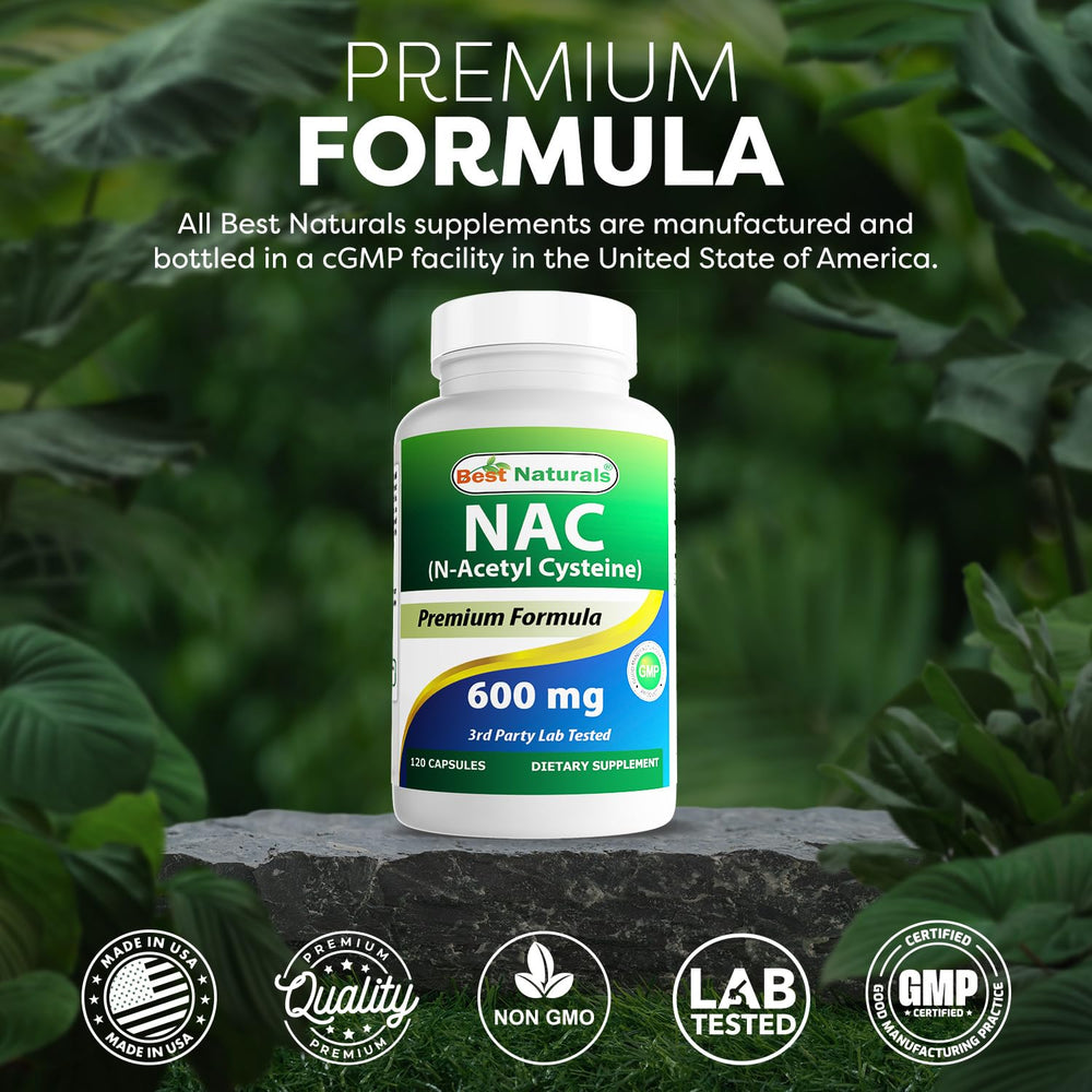 Best Naturals NAC 600 mg USA-made facility label indicates manufacturing in a GMP facility.