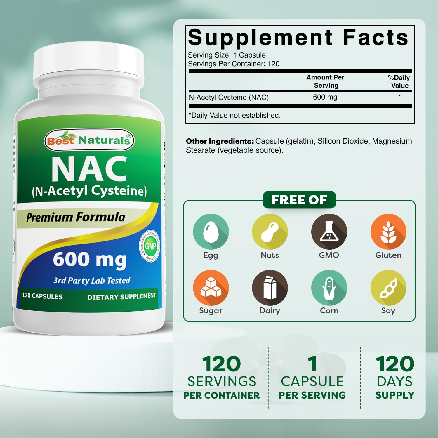 Best Naturals NAC capsule close-up showing 600 mg dose.