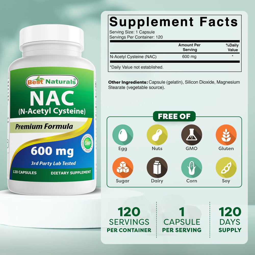 Best Naturals NAC capsule close-up showing 600 mg dose.