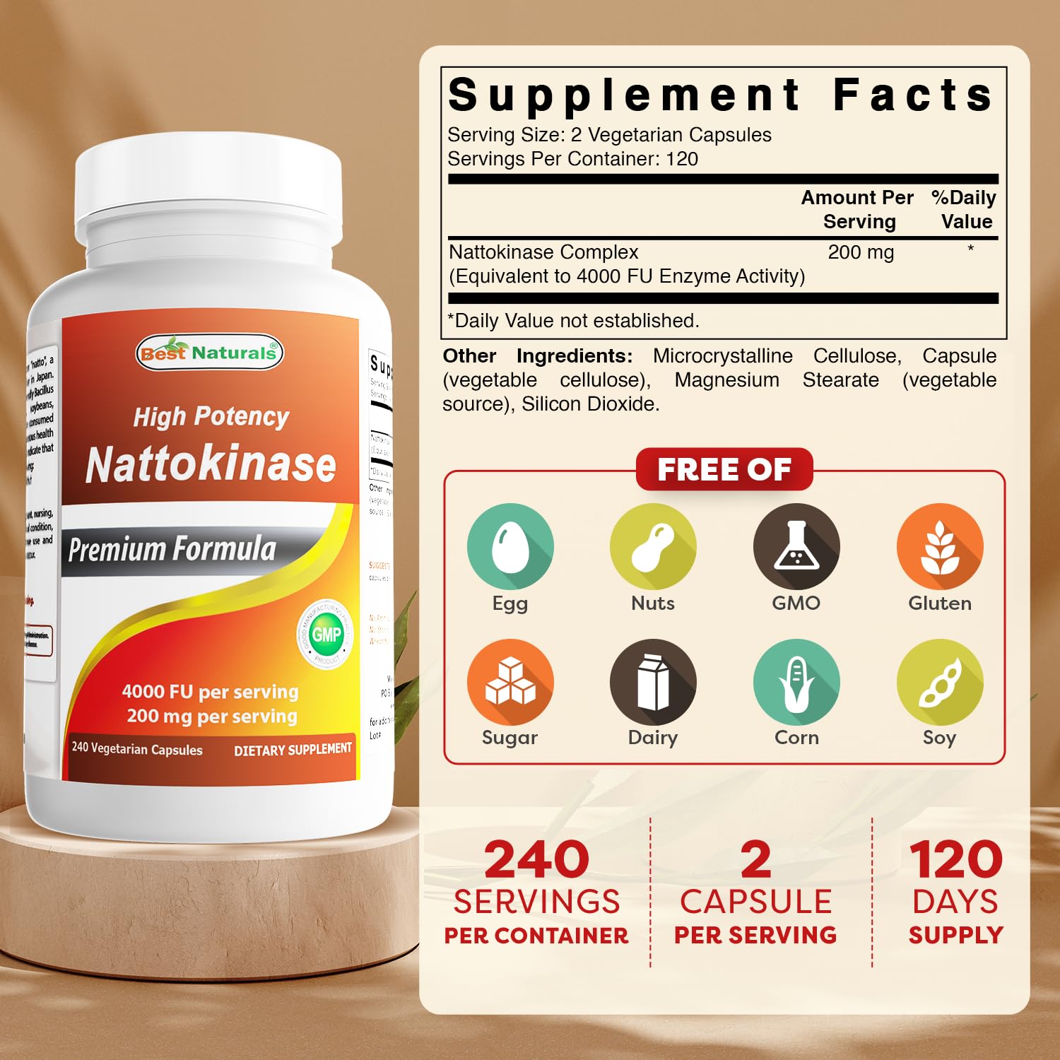 Best Naturals nattokinase label shows 200 mg per serving for easy dosing.
