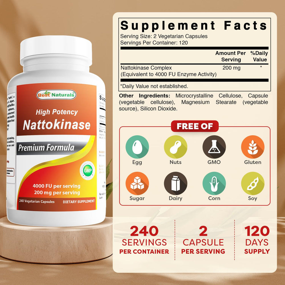 Best Naturals nattokinase label shows 200 mg per serving for easy dosing.