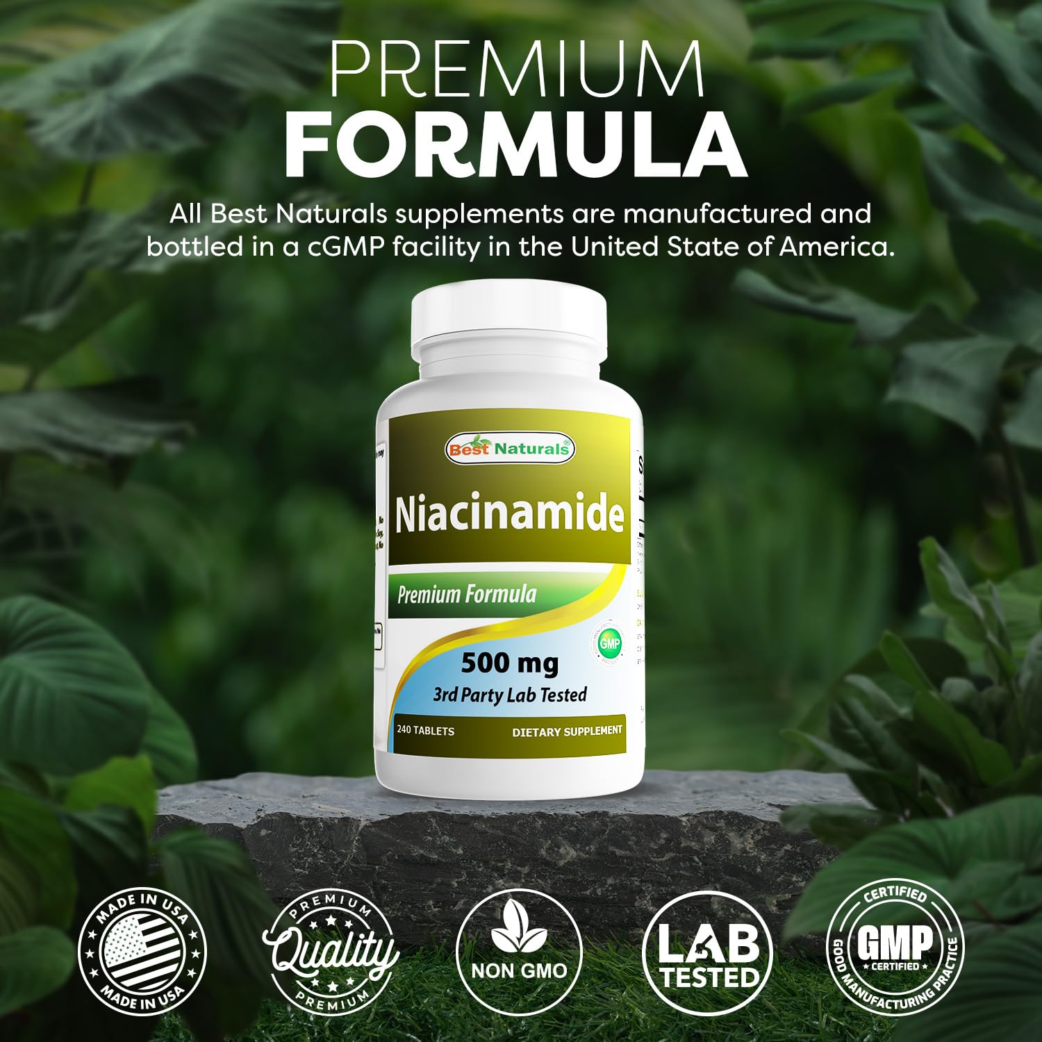 Best Naturals Niacinamide gluten-free non-GMO assurance on back panel.