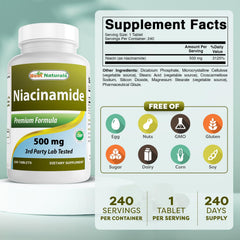 Best Naturals Niacinamide tablets close-up showing 500 mg per tablet for Vitamin B3.