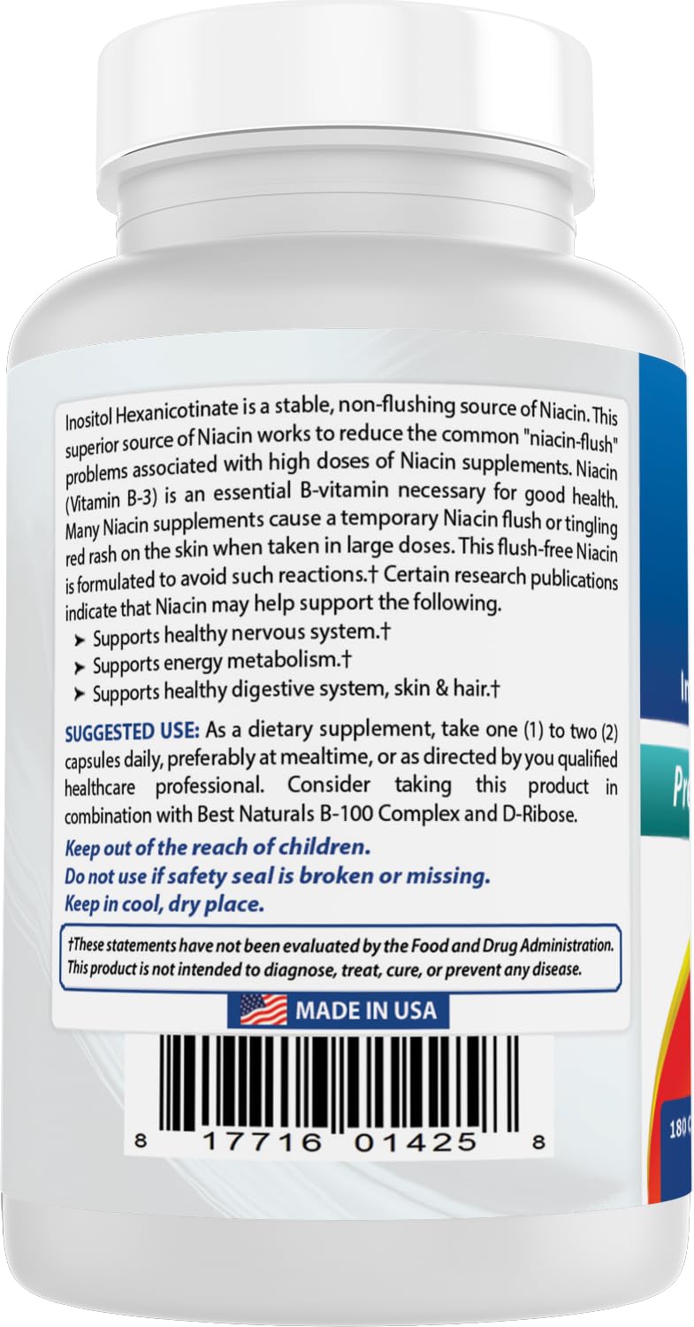 Non-GMO gluten-free badge on Best Naturals niacin packaging.
