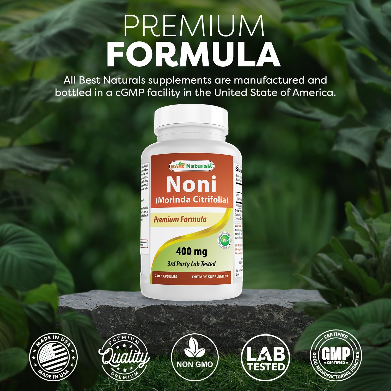 Best Naturals Noni 400 mg capsules bottle on counter ready for daily use