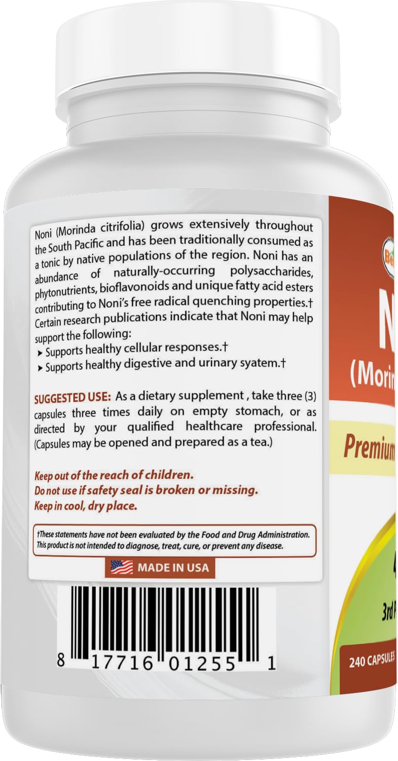 Best Naturals Noni 400 mg capsules gluten-free label highlight