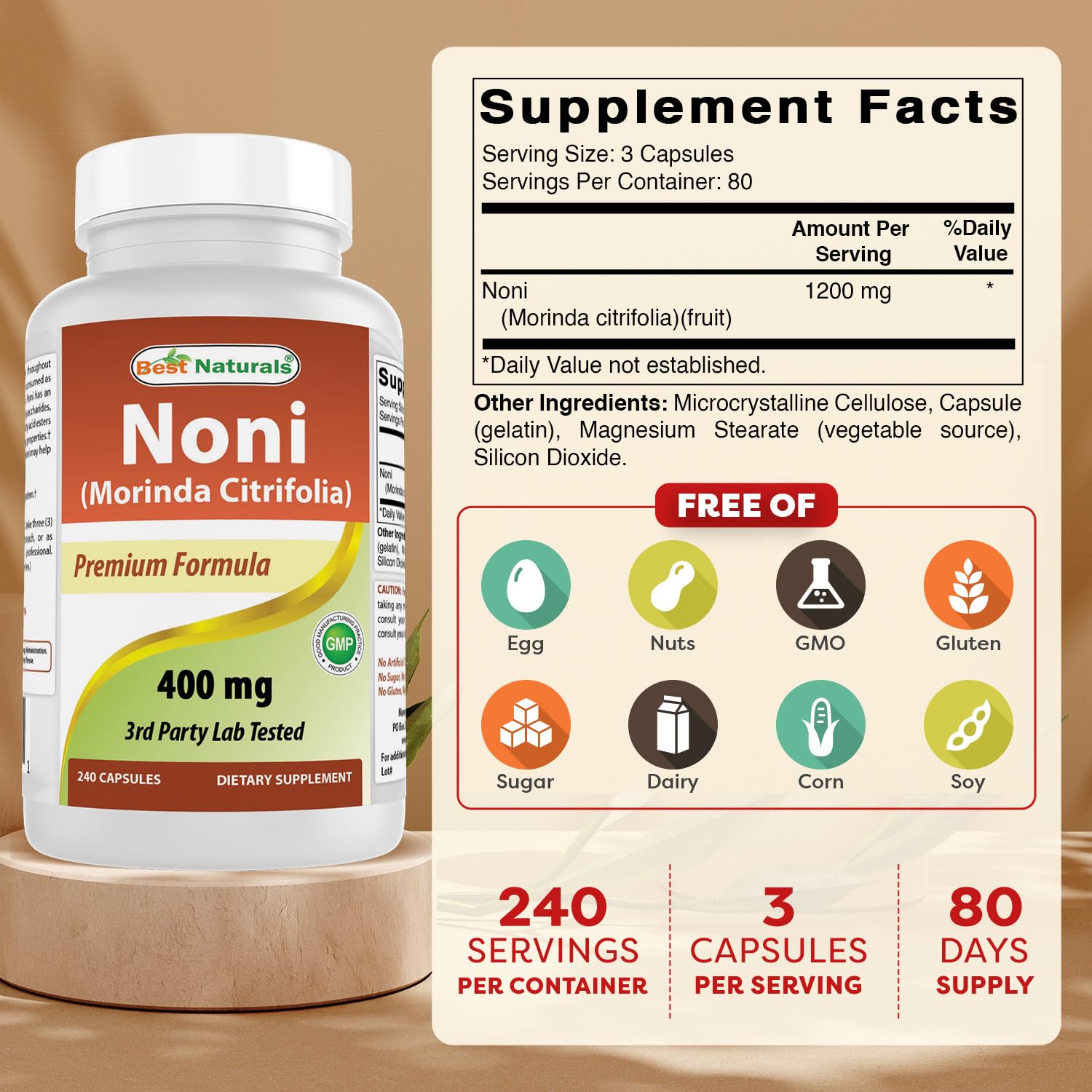 Best Naturals Noni 400 mg capsules label closeup showing purity seals