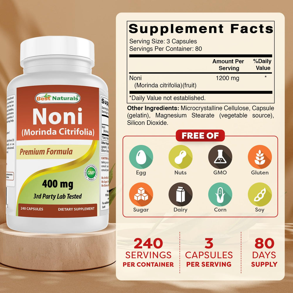 Best Naturals Noni 400 mg capsules label closeup showing purity seals
