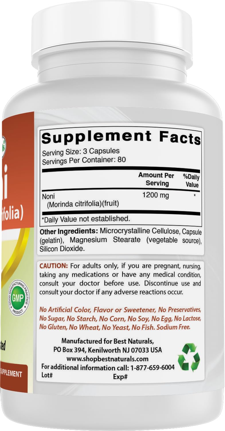 Best Naturals Noni 400 mg capsules USA-made GMP badge visible