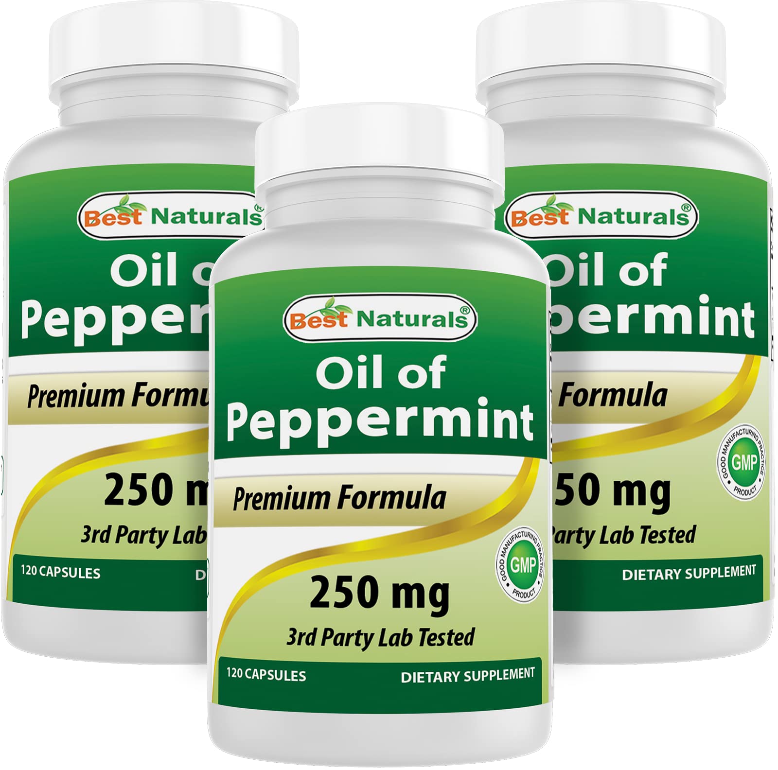 Best Naturals Peppermint Oil 250 mg bottle; supports fresh breath and digestion.