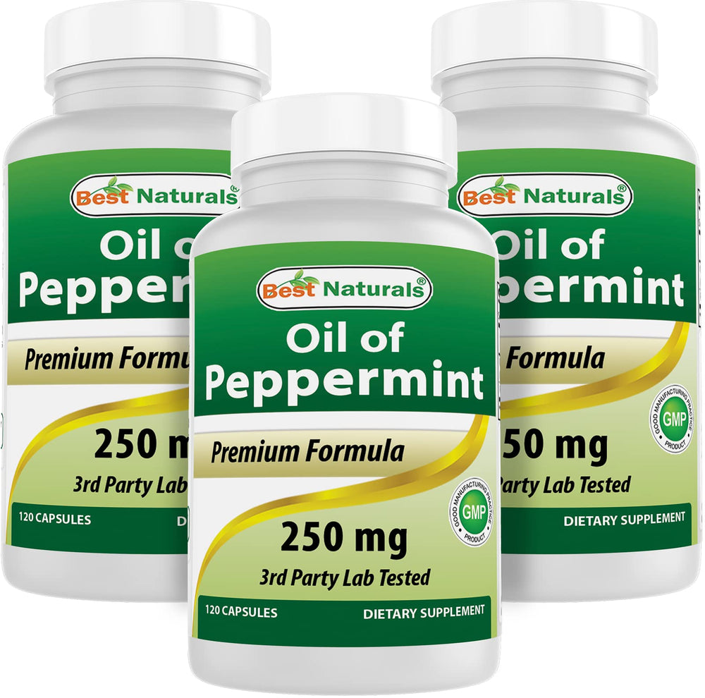 Best Naturals Peppermint Oil 250 mg bottle; supports fresh breath and digestion.