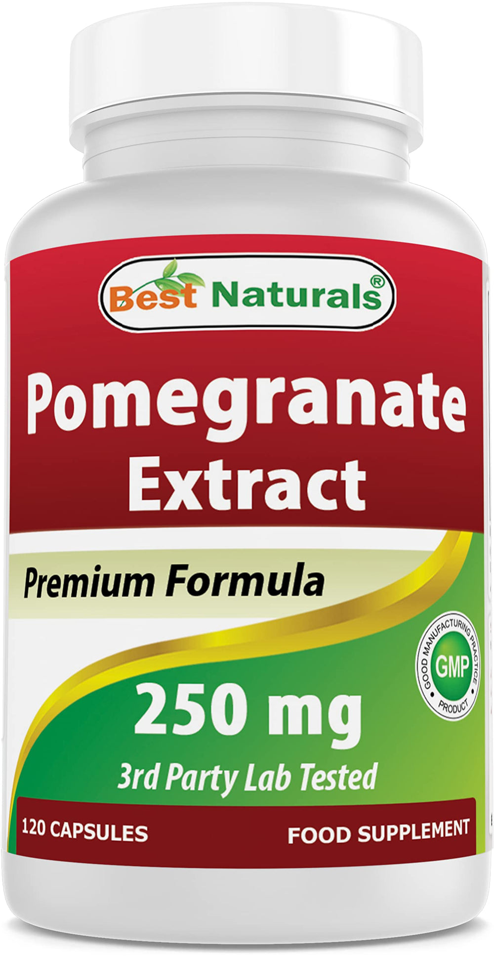 Best Naturals Pomegranate Extract bottle label shows purity and 250 mg dosage for daily use.