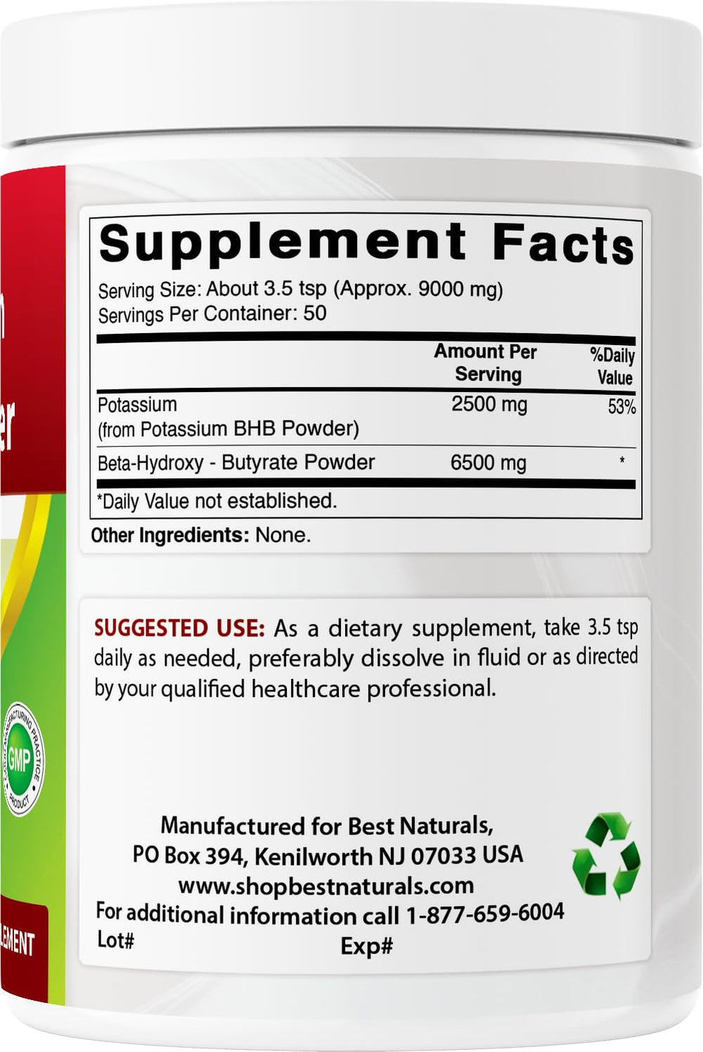 Best Naturals Potassium BHB poudre fabriquée aux États-Unis dans une usine certifiée