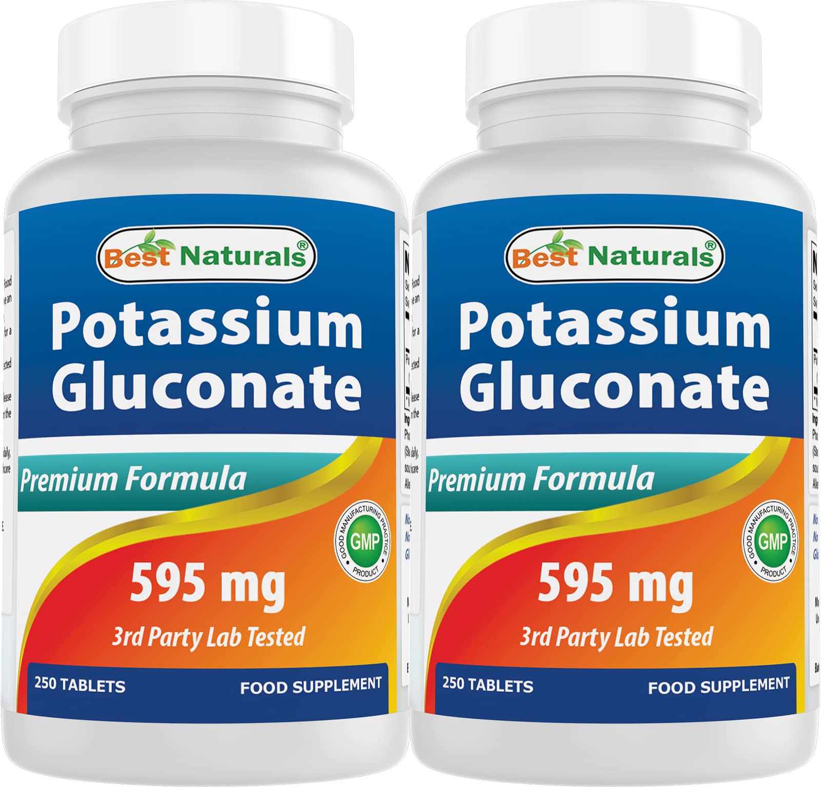 Best Naturals Potassium Gluconate bottle with 595 mg tablets for daily supplementation.