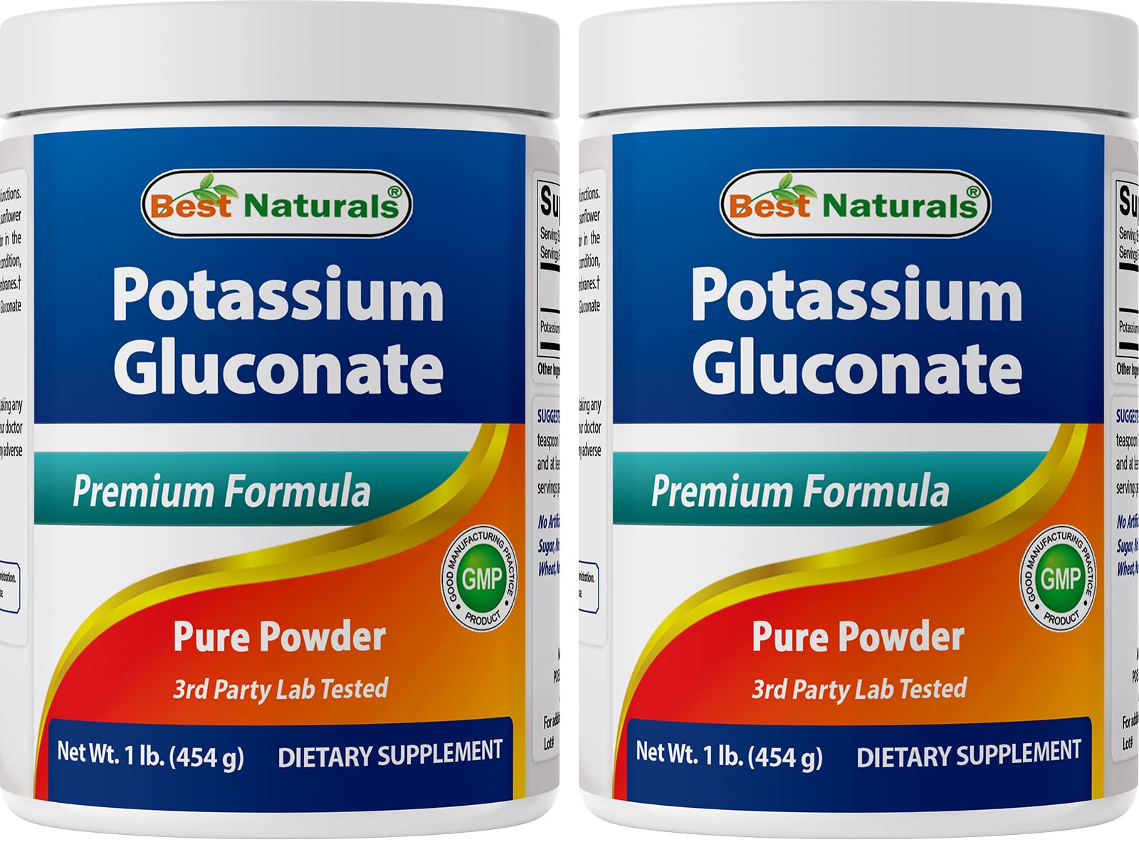 Best Naturals Potassium Gluconate powder bottle label highlighting purity and USA-made facility