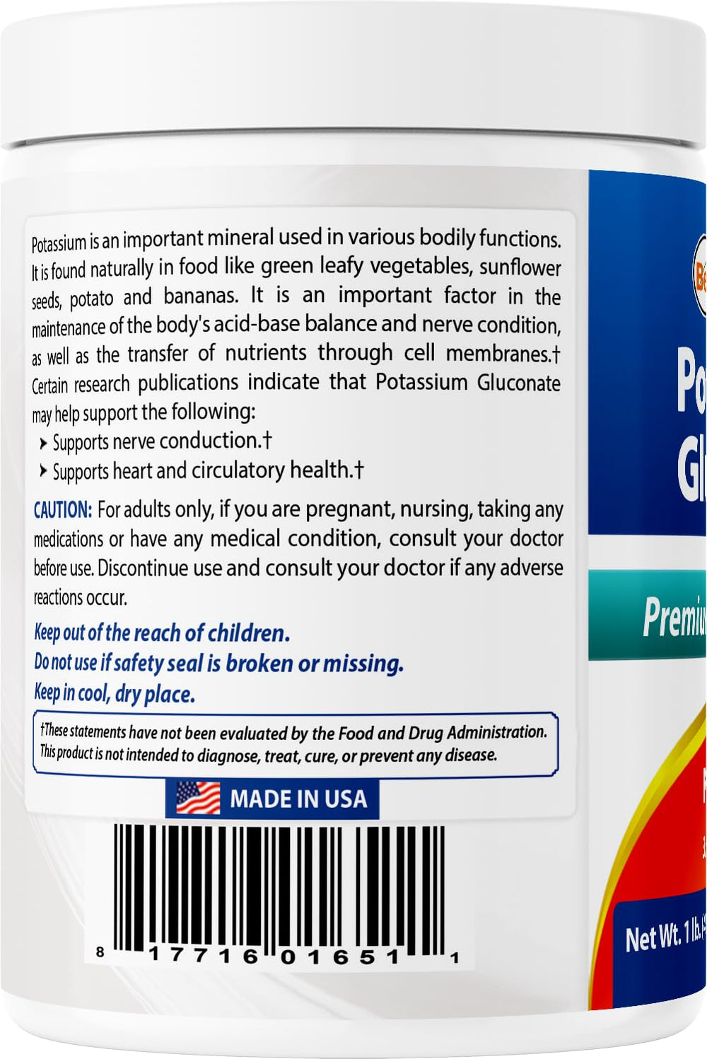 Best Naturals Potassium Gluconate powder made in USA at GMP and FDA facility