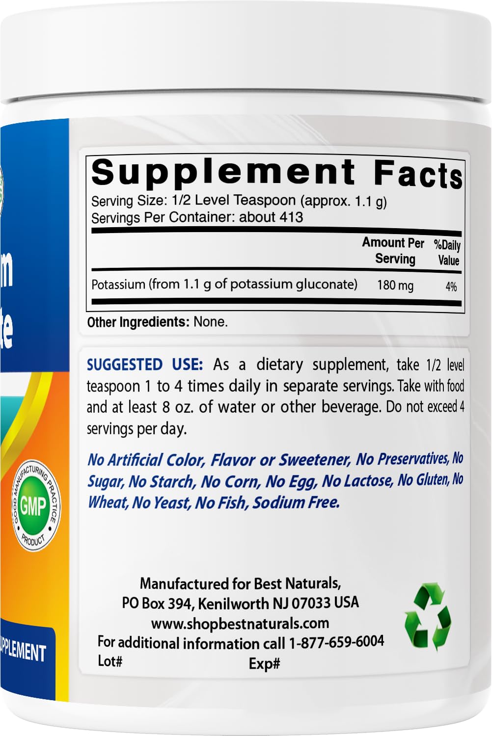 Best Naturals potassium gluconate powder proudly non‑GMO and gluten‑free