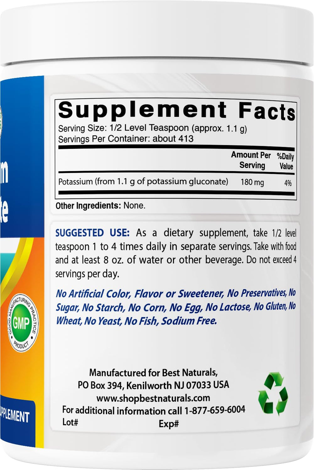 Best Naturals potassium gluconate powder proudly non‑GMO and gluten‑free