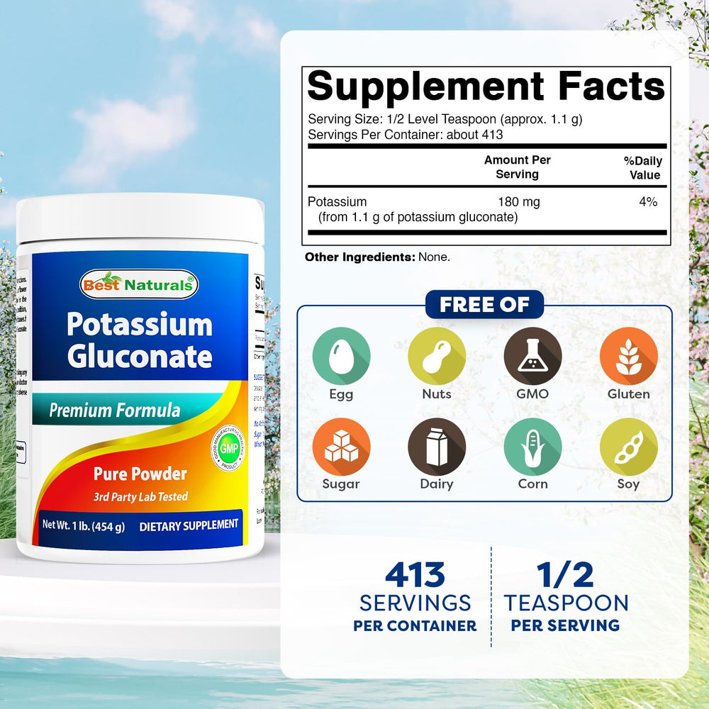 Best Naturals potassium gluconate powder serving cup showing 1.1 g per serving