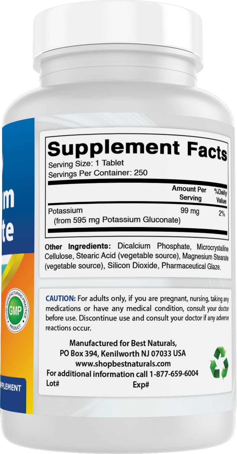 Best Naturals Potassium Gluconate bottle on shelf for easy storage.