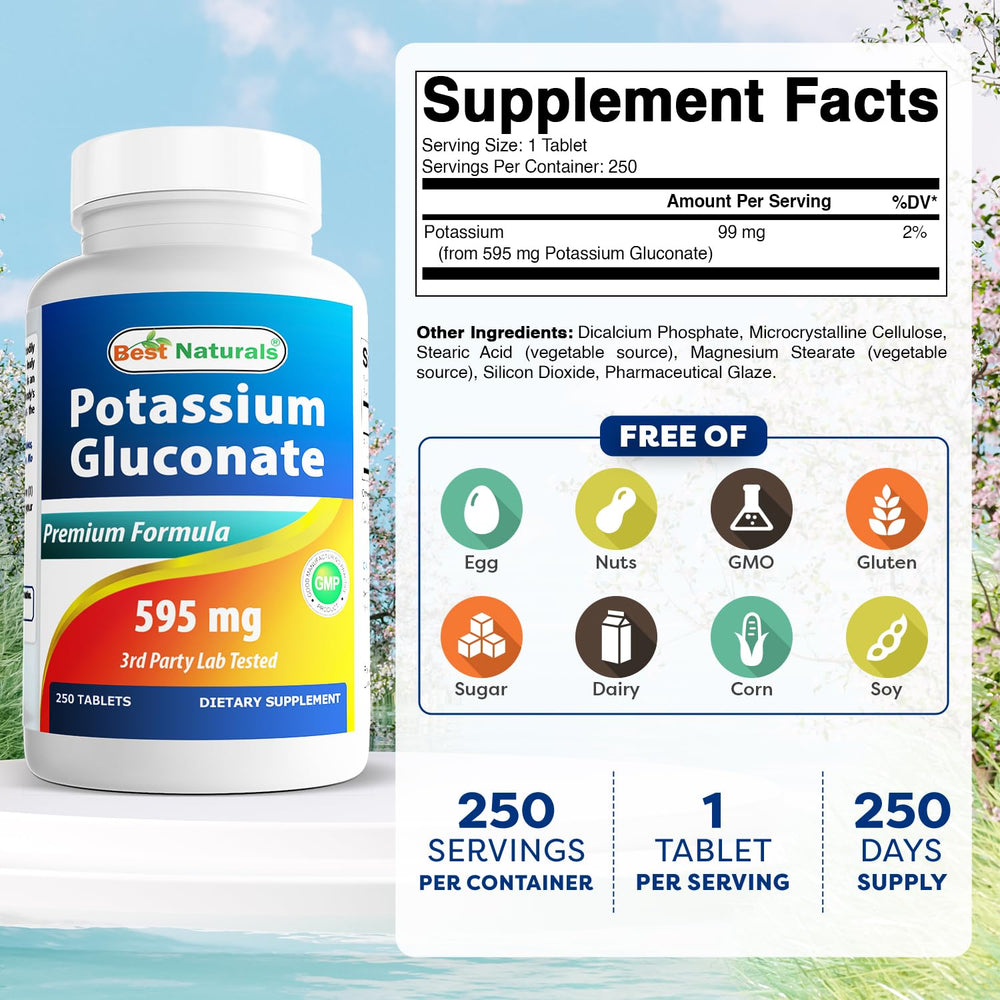 Best Naturals bottle pouring potassium gluconate tablets for easy daily use.