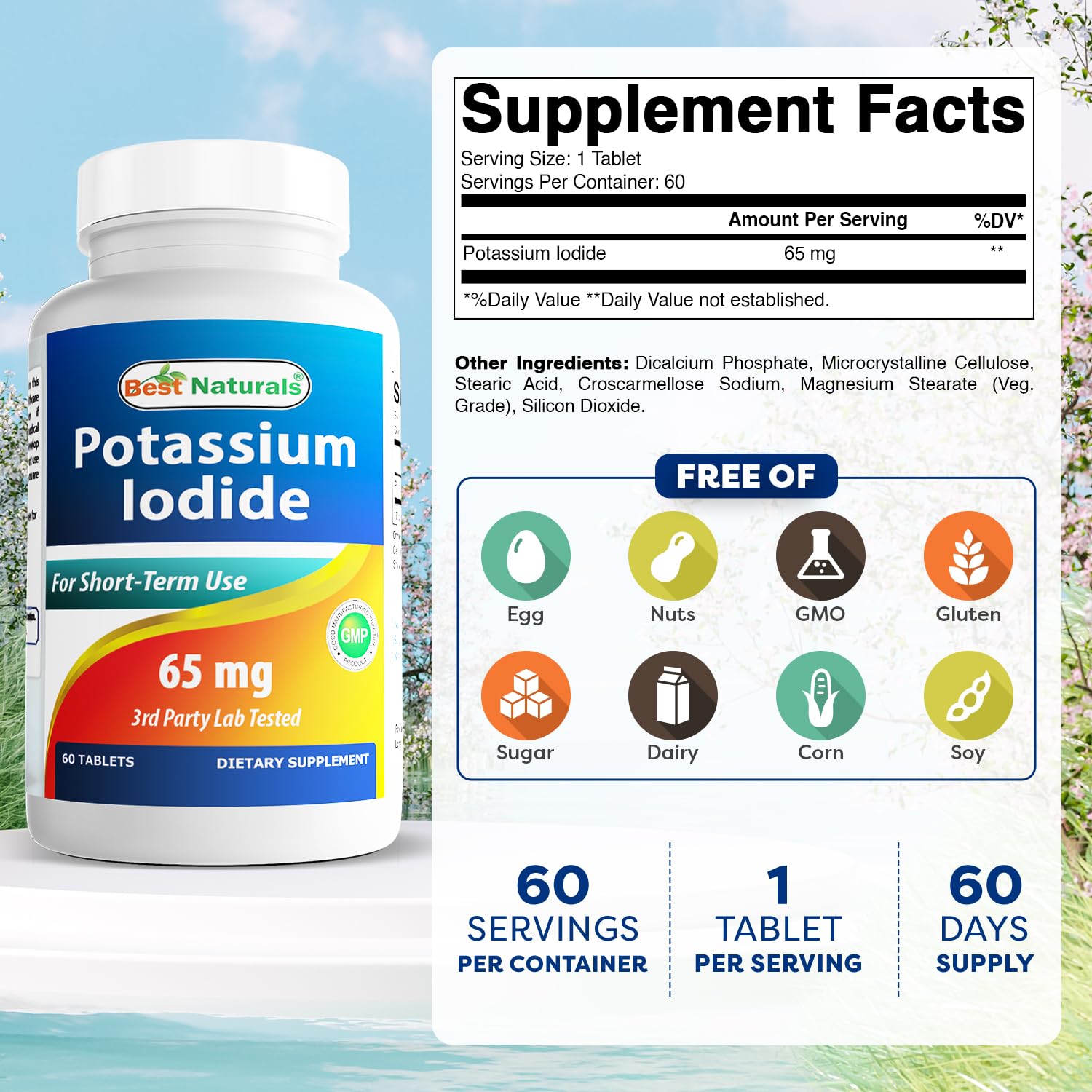 Best Naturals Potassium Iodide 65 mg tablets in hand showing dosage size