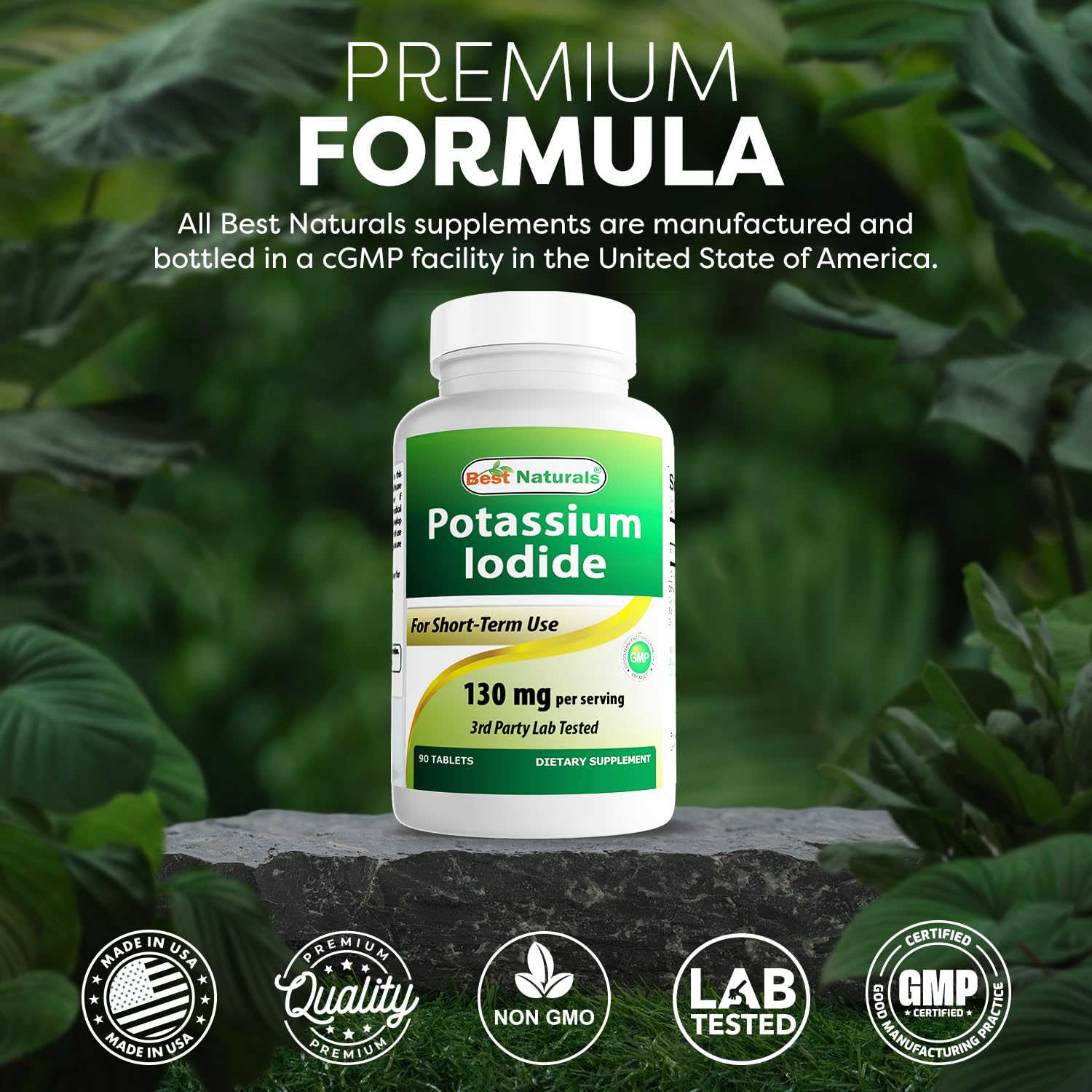Best Naturals Potassium Iodide GMP label close up highlighting standards