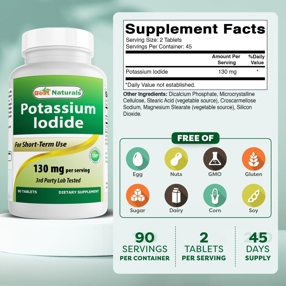 Best Naturals Potassium Iodide tablets close up showing dosage per tablet