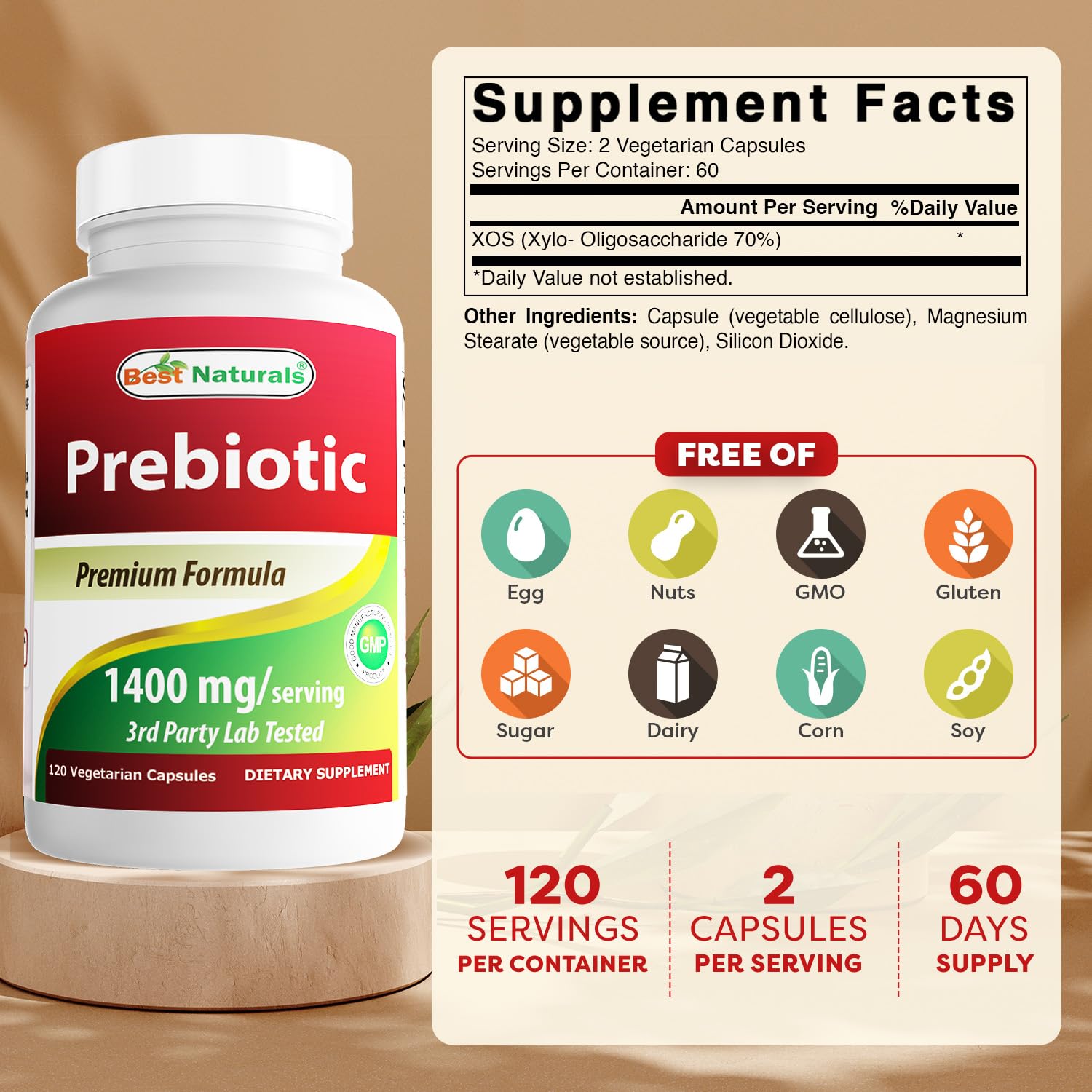 Close-up of Best Naturals XOS capsules for daily supplementation.