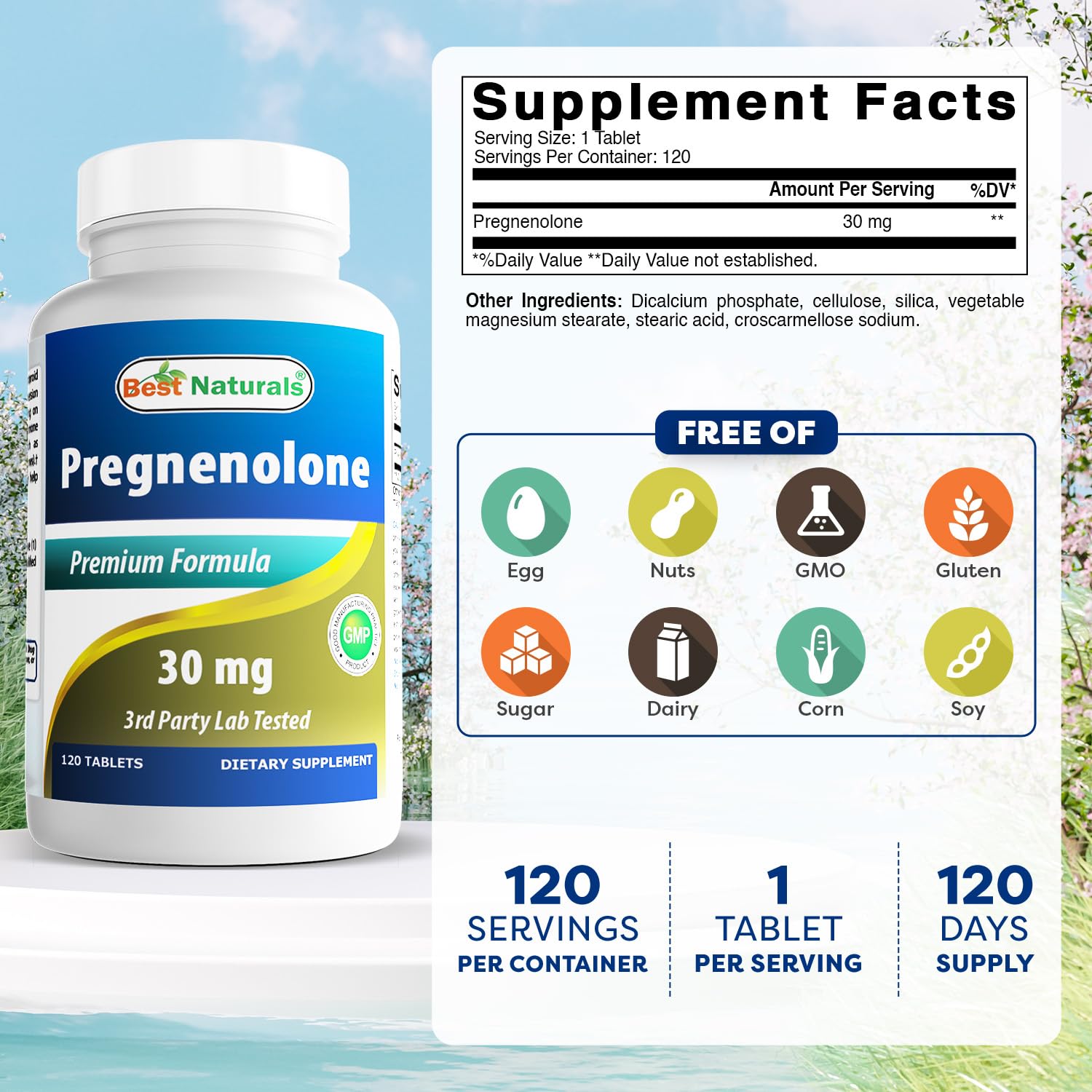 Best Naturals Pregnenolone 30 mg tablets bottle back label highlighting purity and ingredients