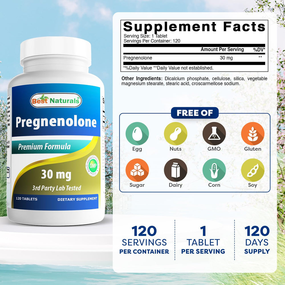 Best Naturals Pregnenolone 30 mg tablets bottle back label highlighting purity and ingredients