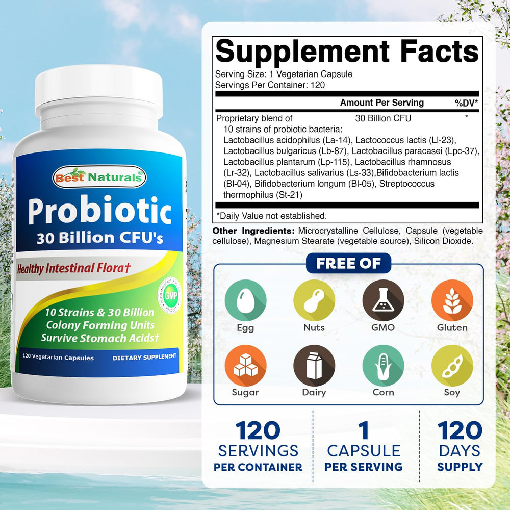 Best Naturals probiotic 10 strains capsules for easy daily wellness support.