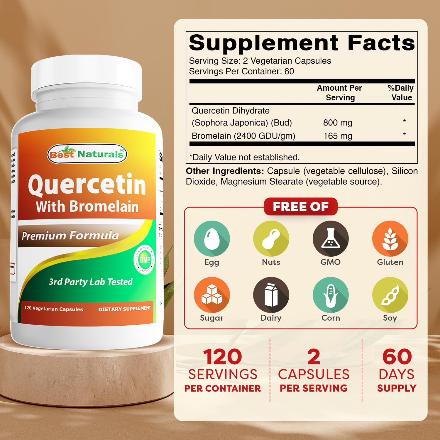 Best Naturals Quercetin with Bromelain capsules close-up for daily use.