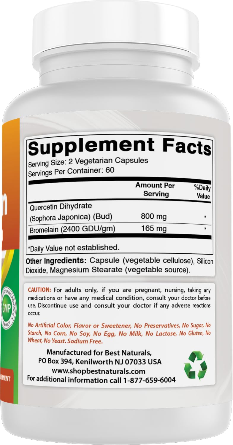 Best Naturals Quercetin with Bromelain packaging highlighting non-GMO and gluten-free features.