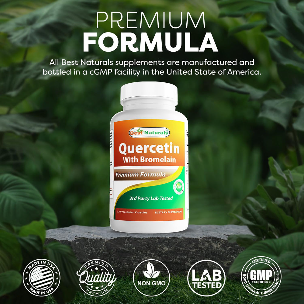 Best Naturals Quercetin with Bromelain side view bottle emphasizing compact packaging.