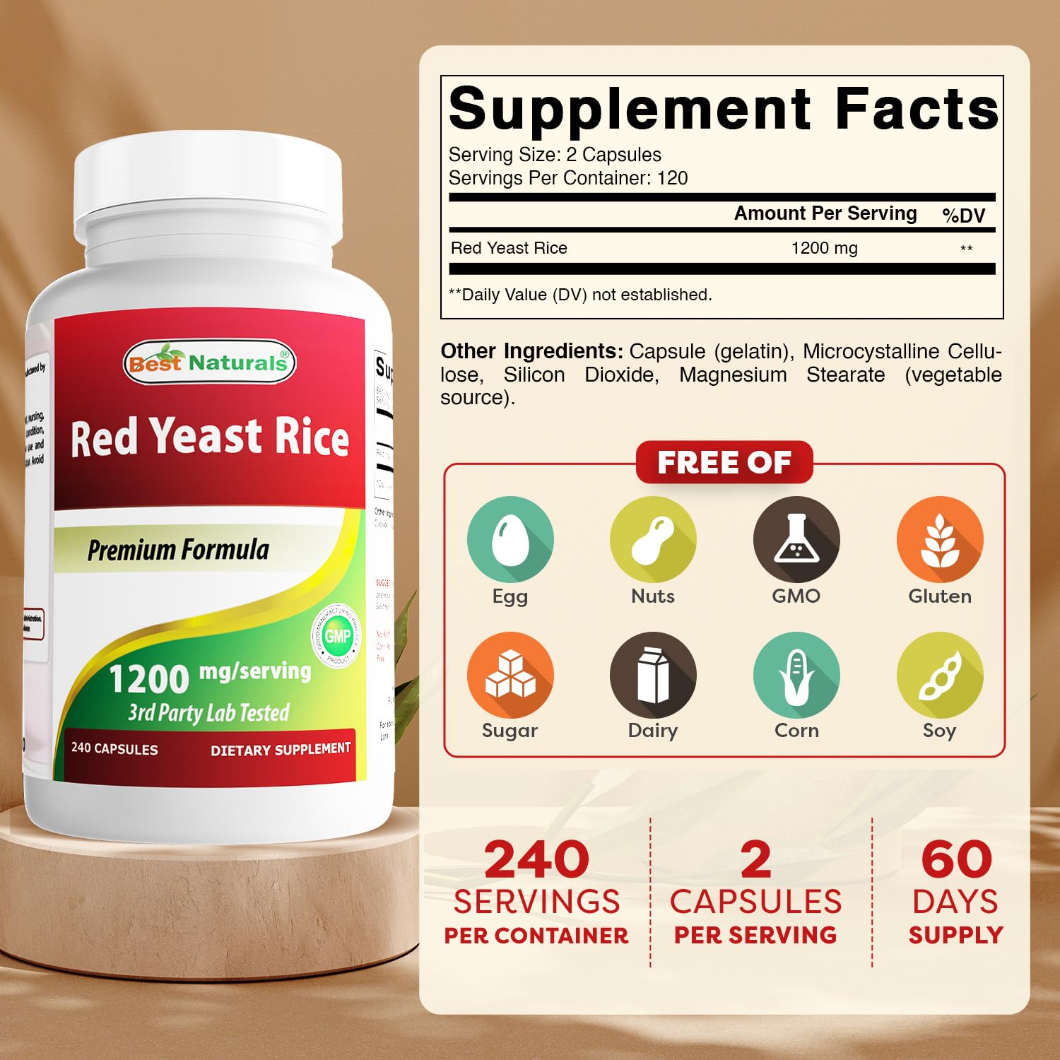 Best Naturals Red Yeast Rice label front highlights 1200mg per serving for cardiovascular wellness