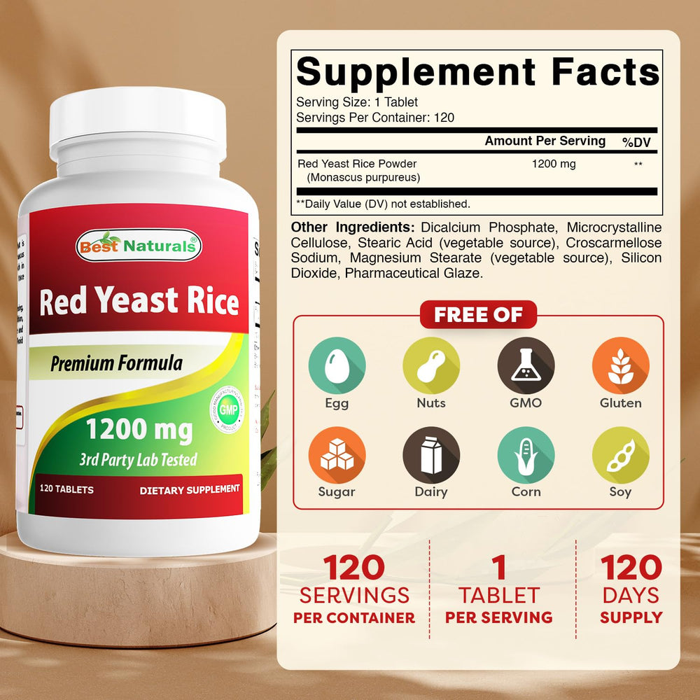 Close-up of Best Naturals Red Yeast Rice bottle on a clean surface.