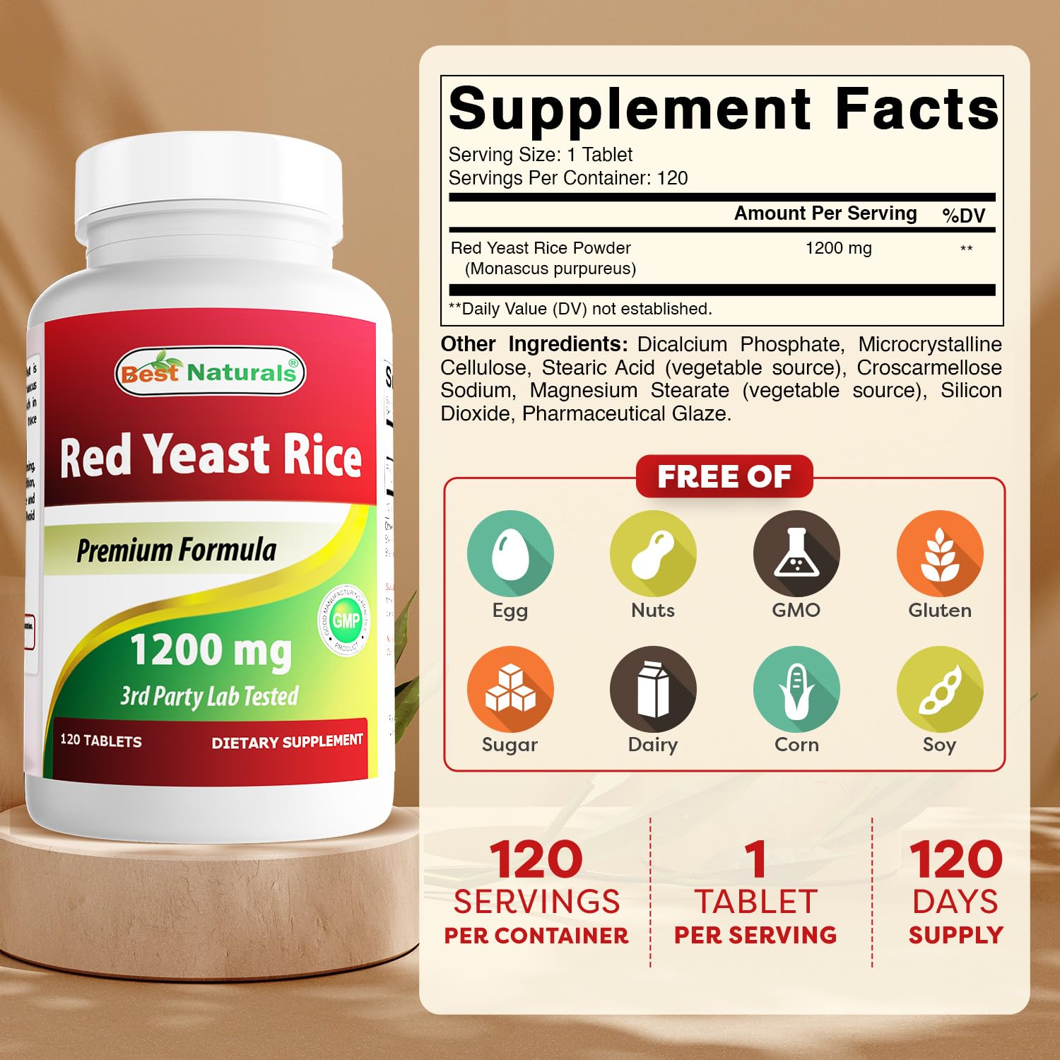 Best Naturals Red Yeast Rice label showing non-GMO and gluten-free quality