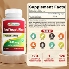 Best Naturals Red Yeast Rice label showing non-GMO and gluten-free quality