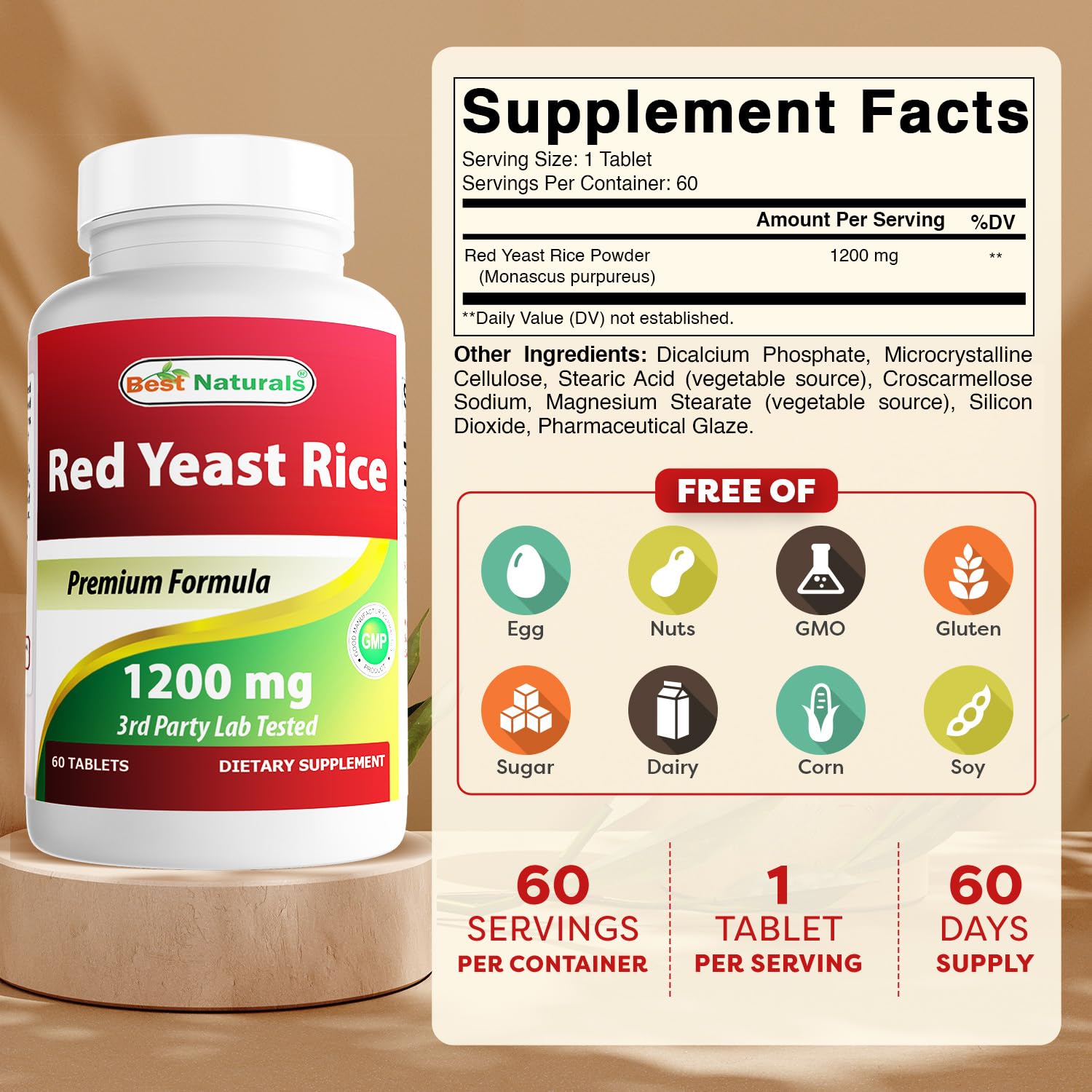 Best Naturals Red Yeast Rice tablet close-up showing 1200 mg potency.