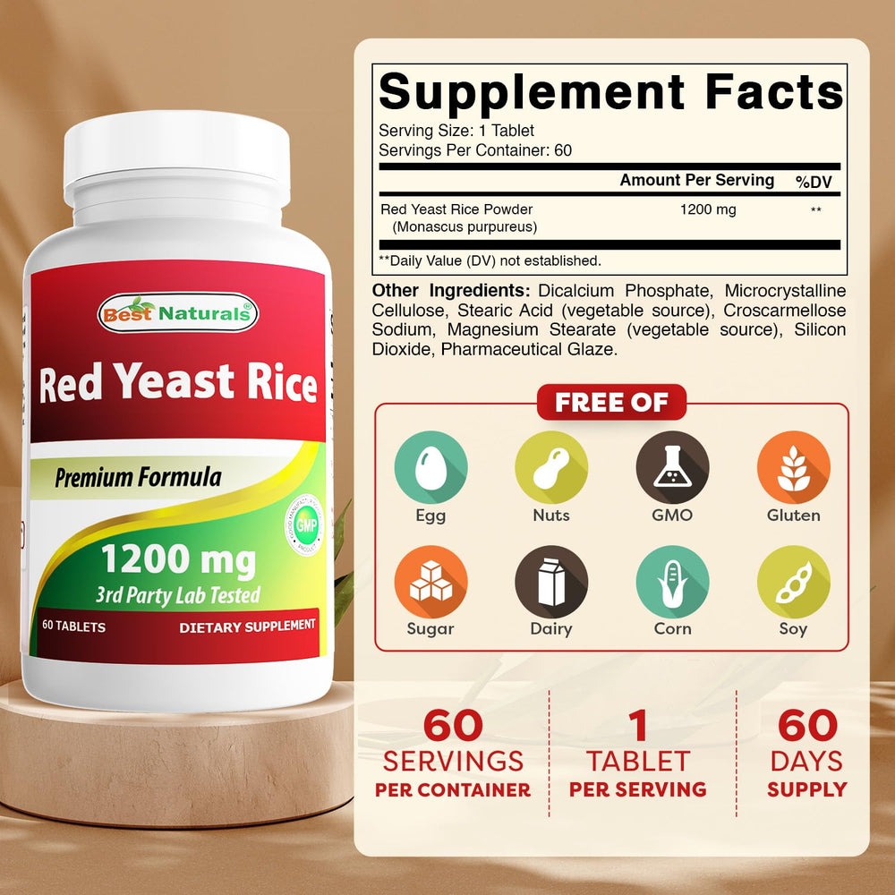 Best Naturals Red Yeast Rice tablet close-up showing 1200 mg potency.