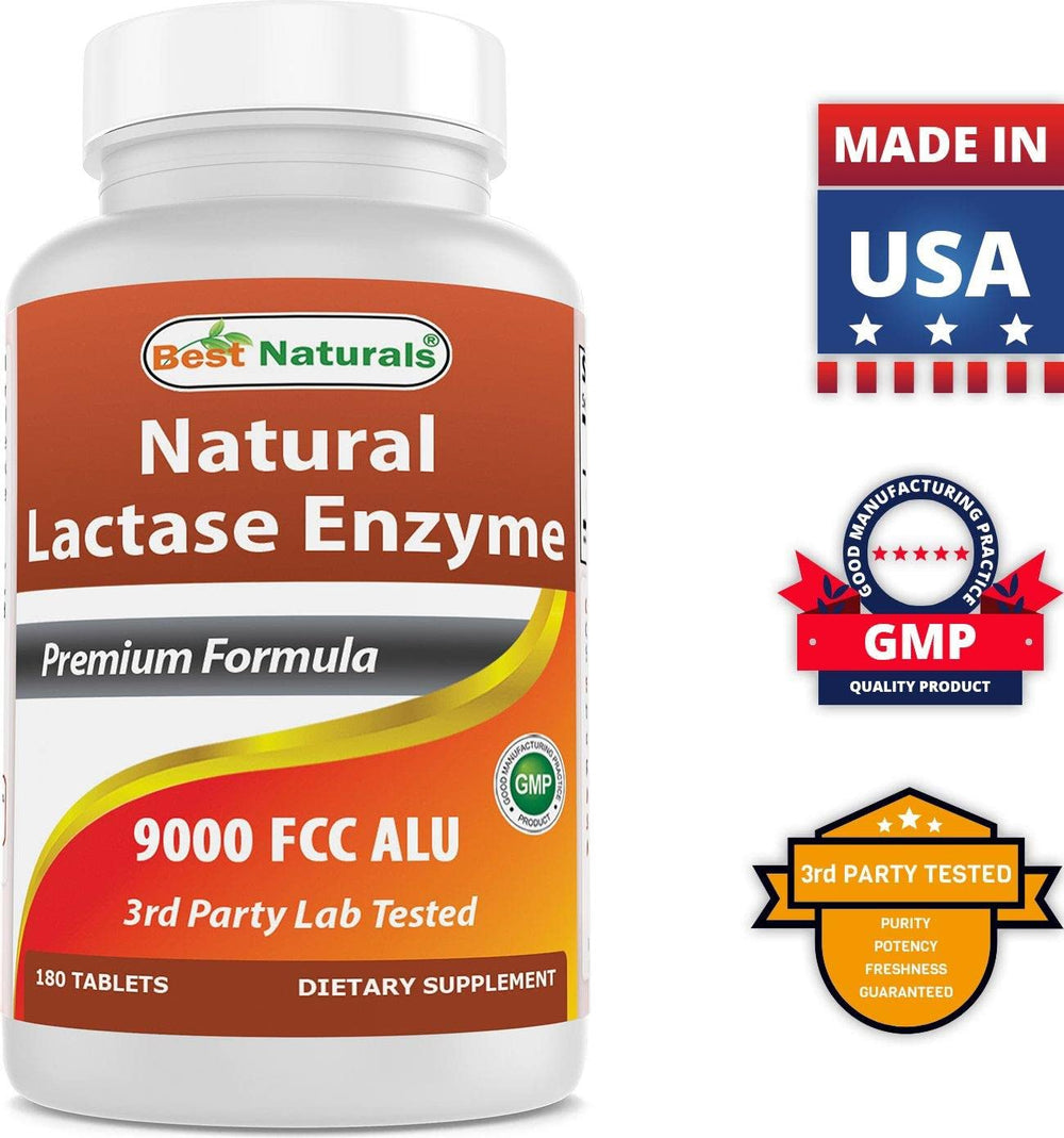 Sodium-free, dairy-friendly relief features on Best Naturals enzyme tablets.