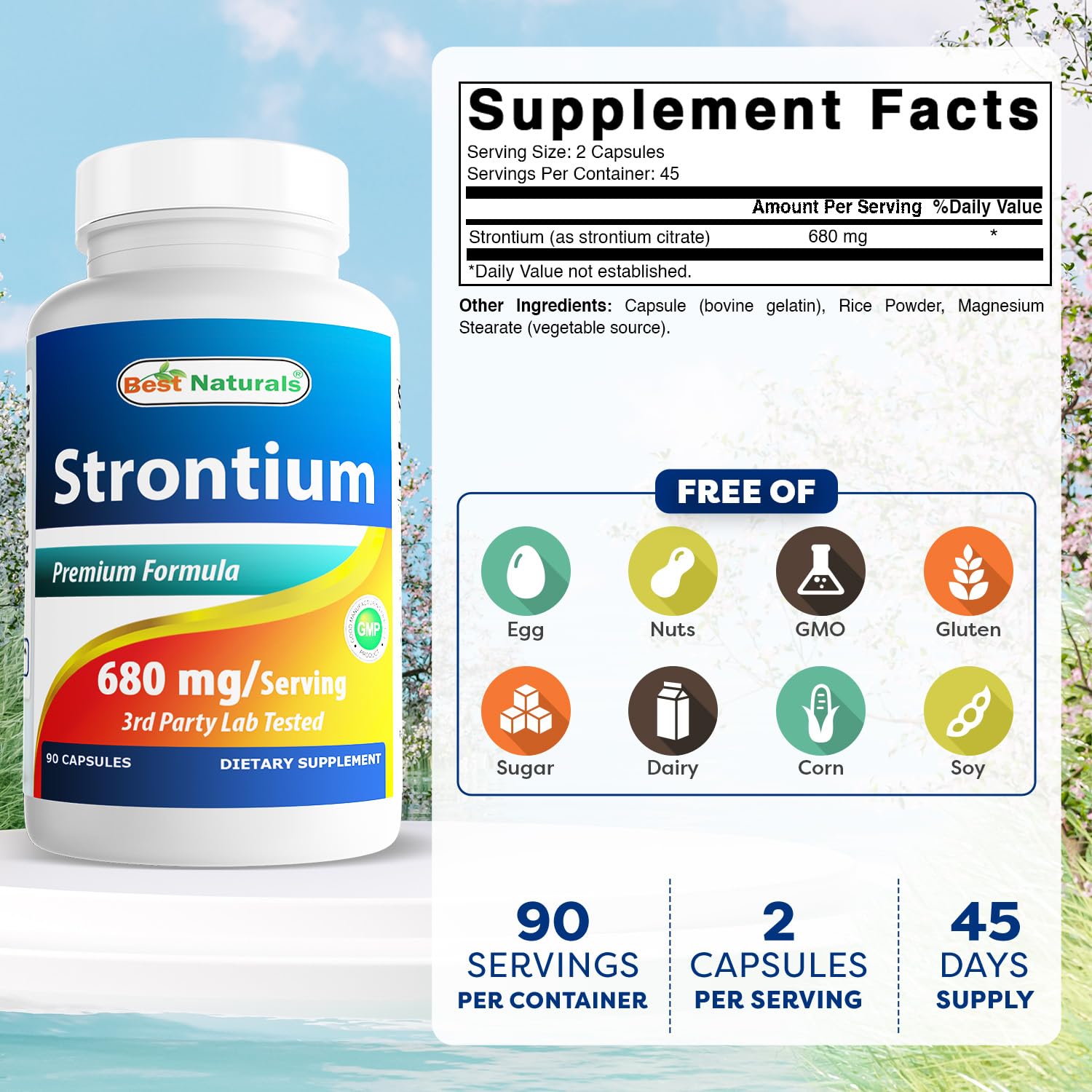 Best Naturals Strontium bottle back label highlights ingredients and allergen-free claim.