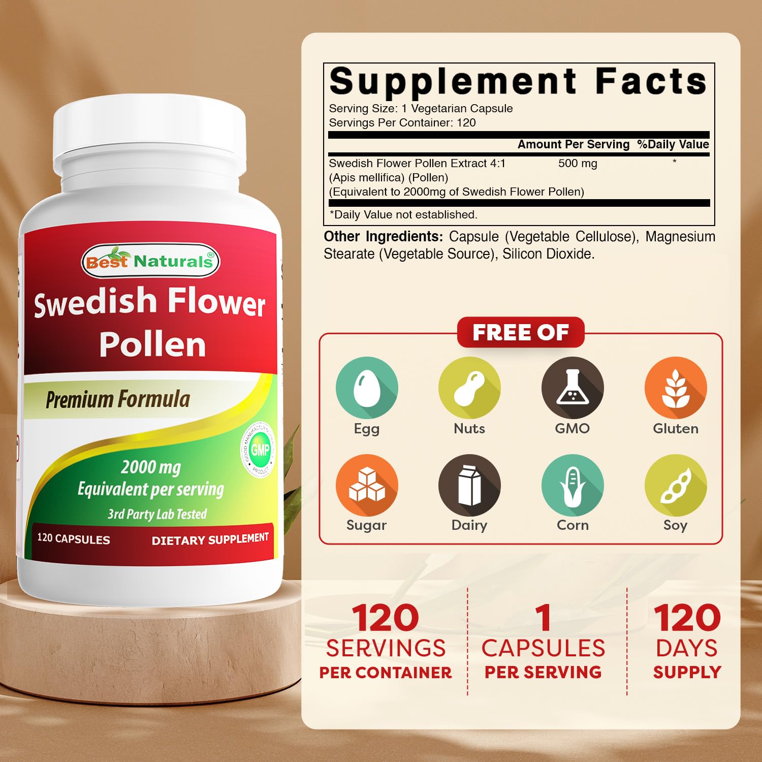 Best Naturals Swedish Flower Pollen capsules on display highlight convenient daily use.