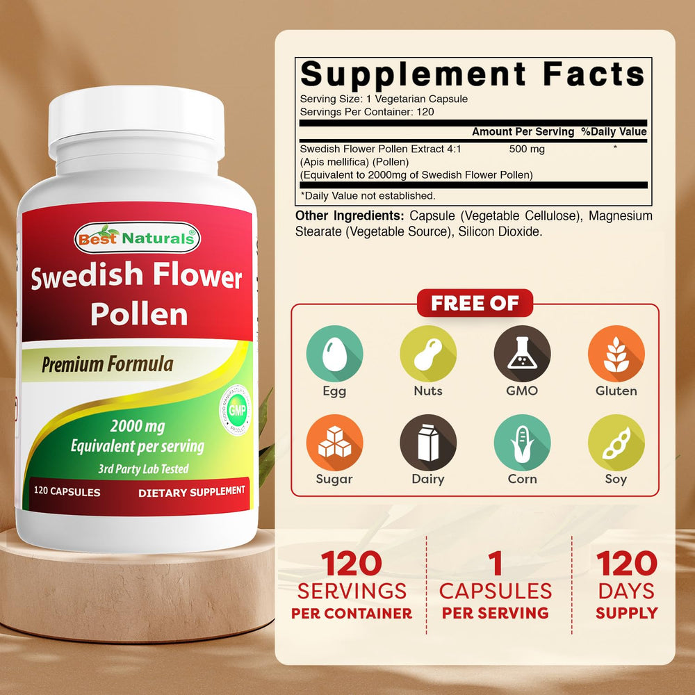 Best Naturals Swedish Flower Pollen capsules on display highlight convenient daily use.