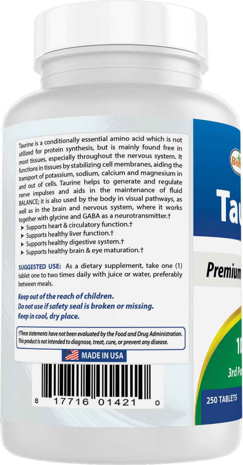 Lab test badge on taurine bottle—trusted purity and quality.