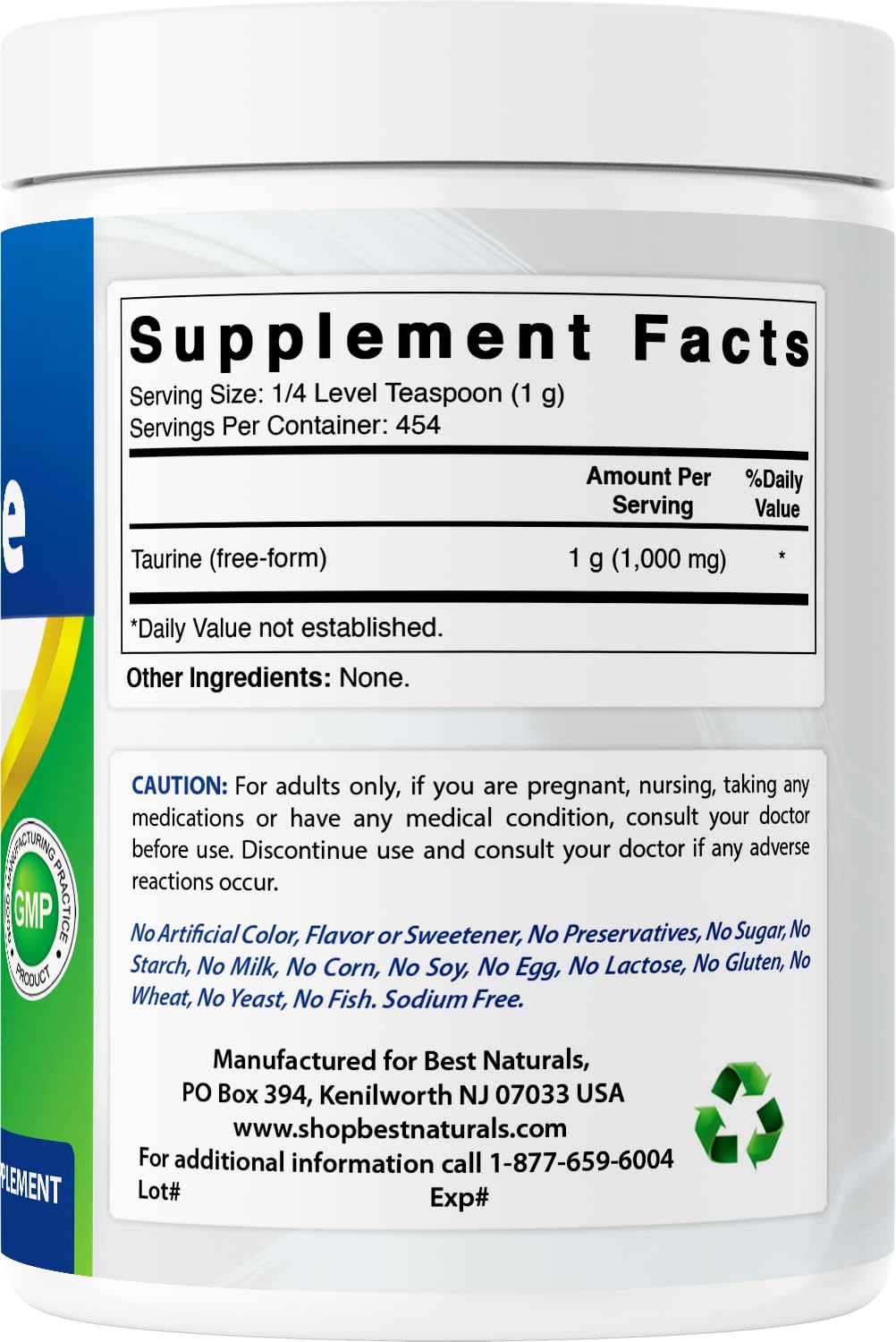 Best Naturals Taurine powder facility badge indicates USA-made GMP facility
